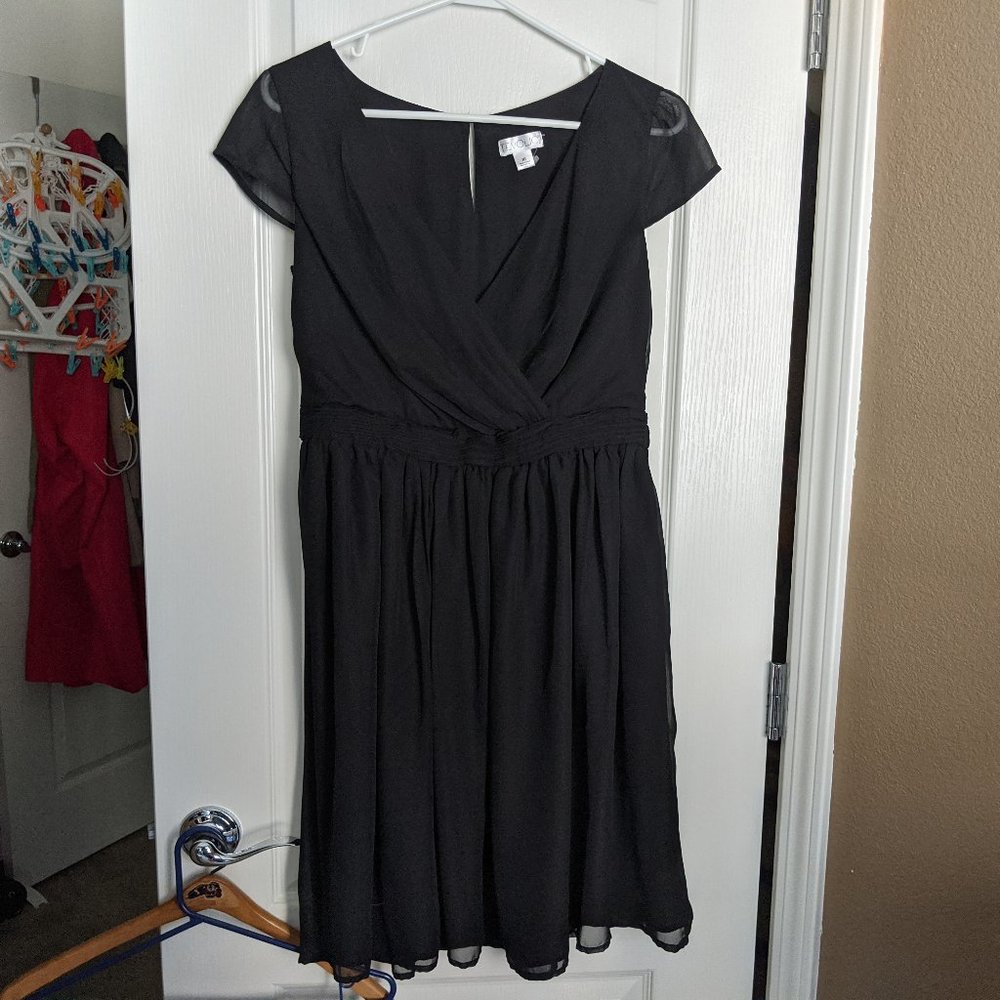 Black surplice dress, sheer overlay, pockets!